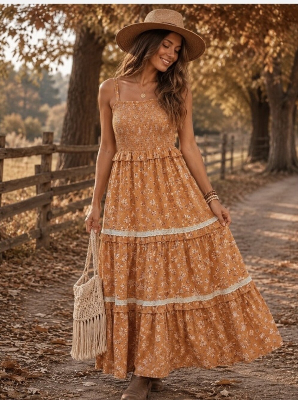 Floral Smocked Rust Colored Tiered Spaghetti Strap Islet Lace Trim Midi Dress